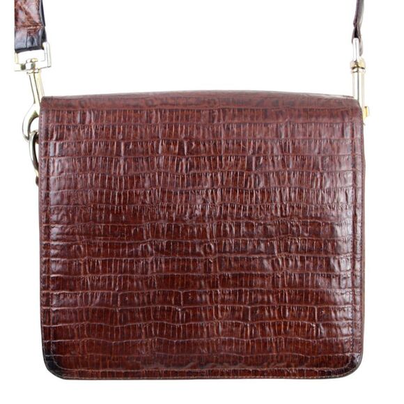 Neiman Marcus BROWN GENUINE LEATHER CROCO PRINT FLAP SHOULDER BAG X-BODY PURSE - Picture 1 of 15